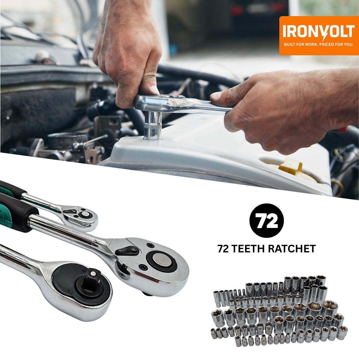 IRONVOLT 72-tooth ratchet feature graphic showing ratchets, sockets and use in a car engine bay.