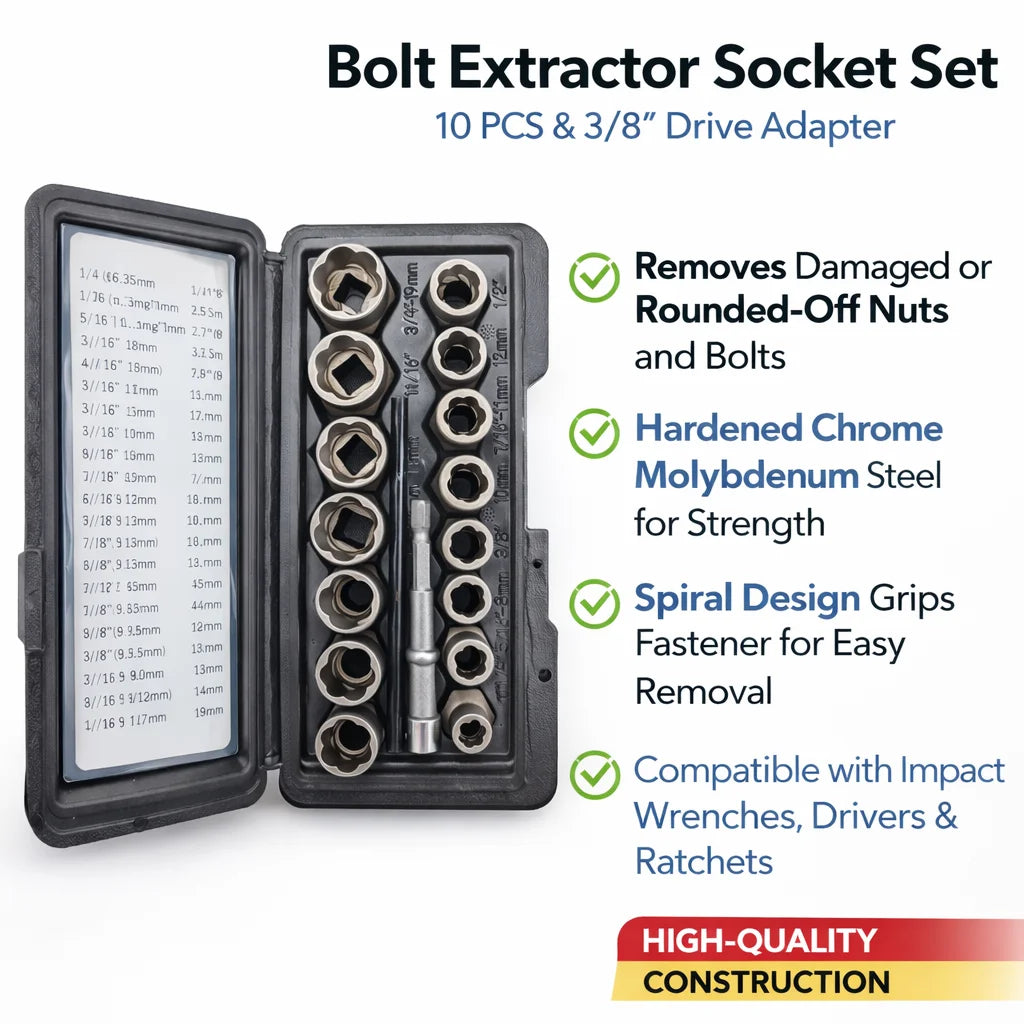 Bolt extractor socket set feature graphic showing spiral-grip sockets for damaged nuts and bolts.