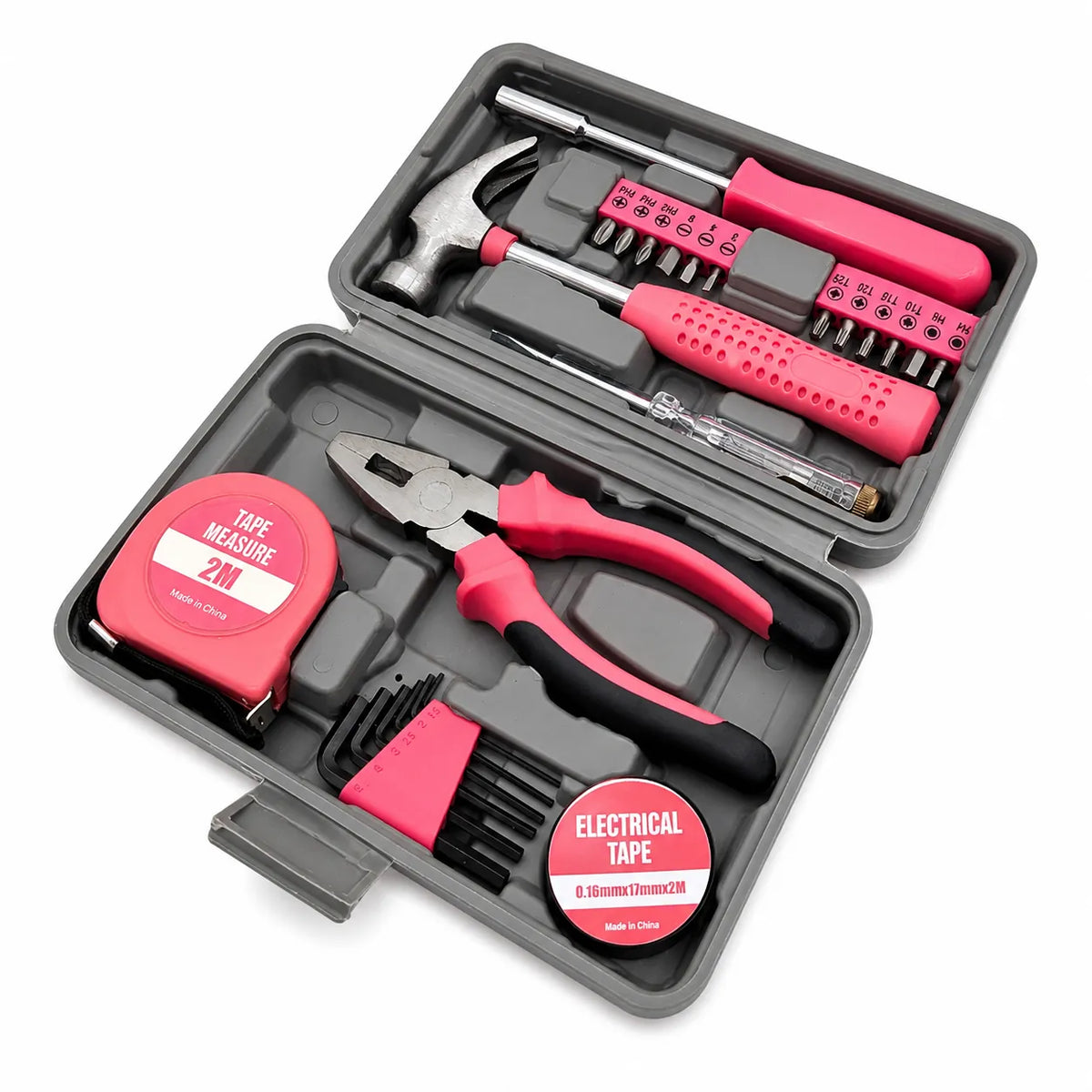 Angled view of the open IRONVOLT 24-piece pink tool kit with tools secured in fitted slots.