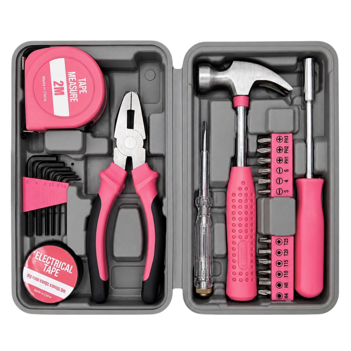 IRONVOLT 24-piece pink household tool kit with hammer, pliers, tape measure, bits and hex keys in an open case.