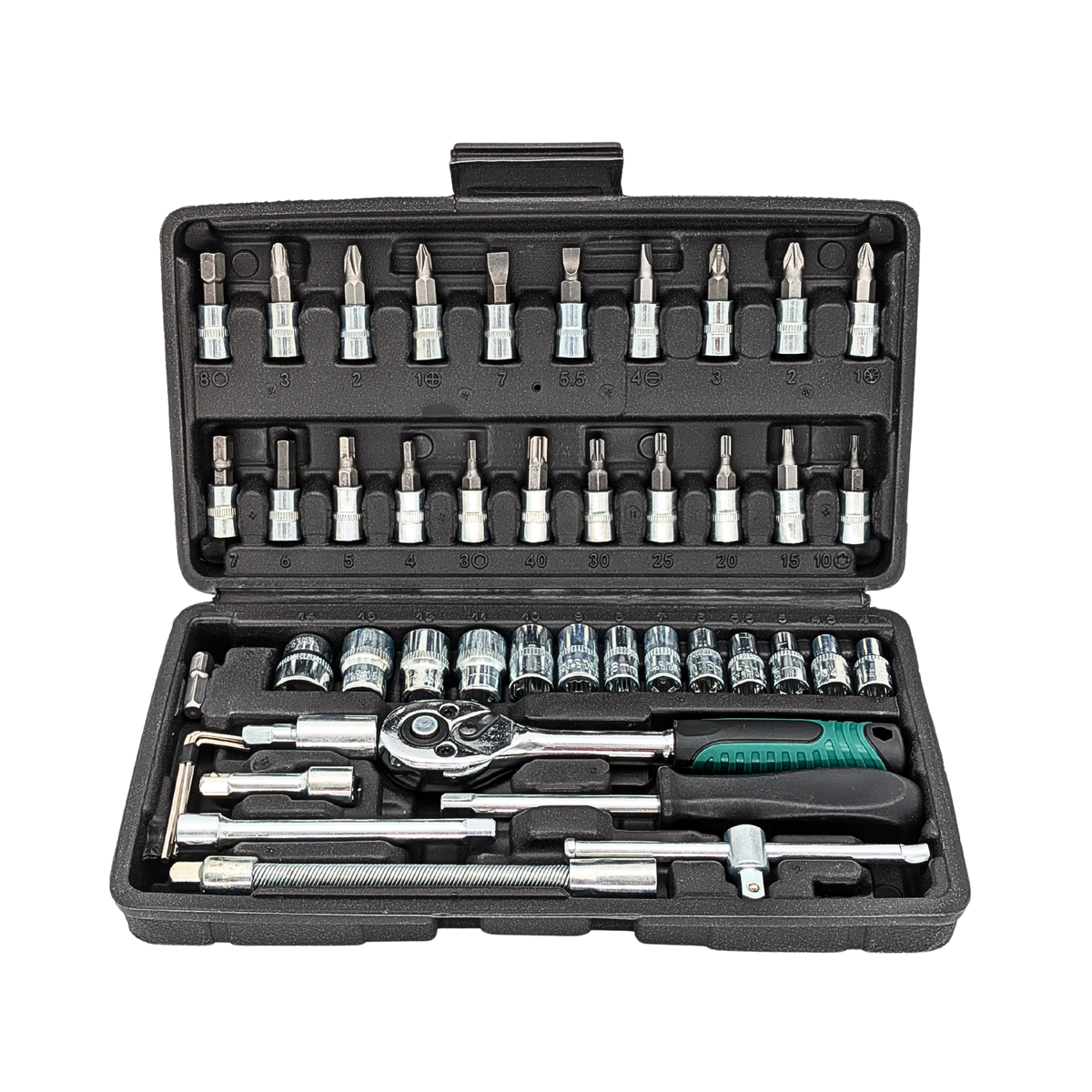 IRONVOLT 46-piece compact socket and bit set with green-handled ratchet in an open black case.