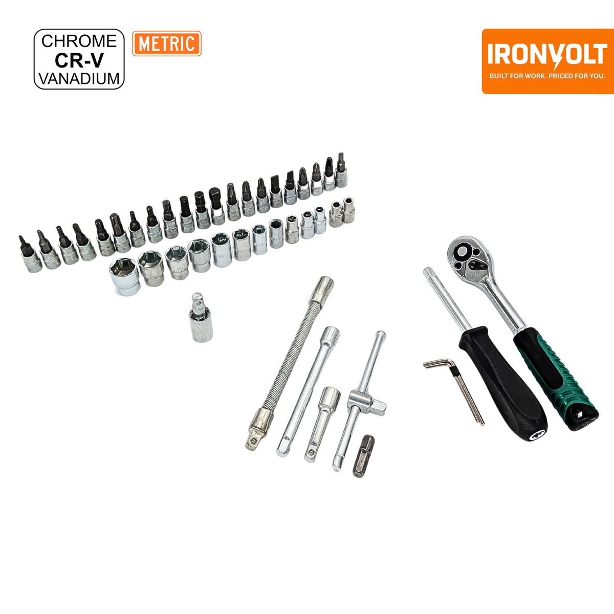 IRONVOLT 46-piece set contents laid out: sockets, bits, ratchet, spinner handle, extensions and sliding T-bar.