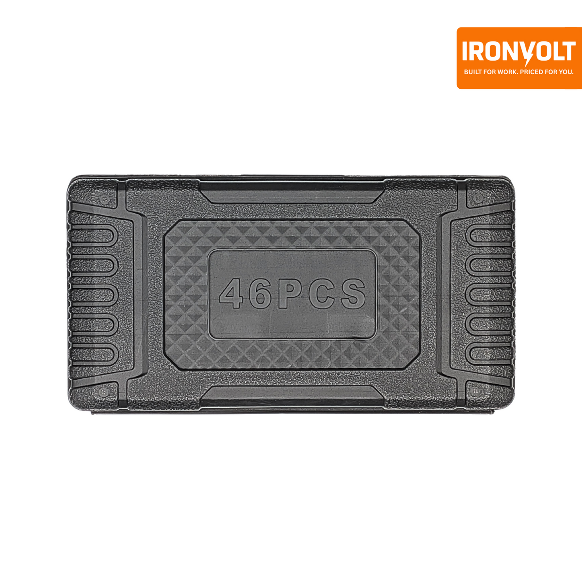 Closed black storage case embossed with 46PCS for the IRONVOLT compact socket set.