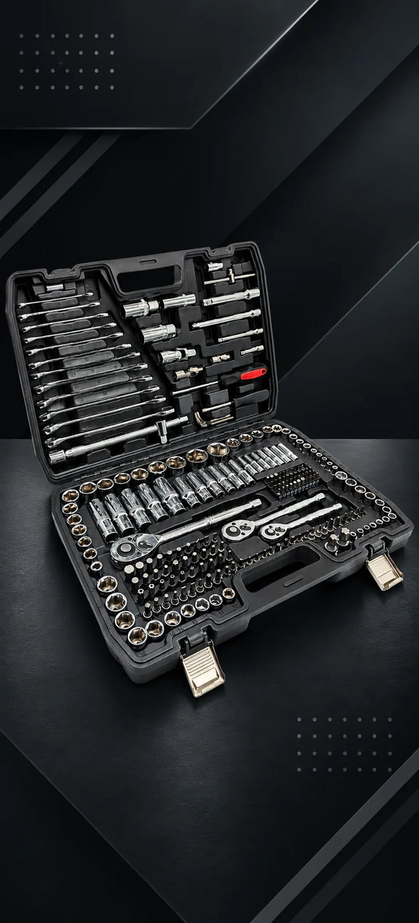 IRONVOLT 218-piece tool set with screwdrivers, wrenches, pliers, and sockets arranged in a sturdy case for home and professional use.