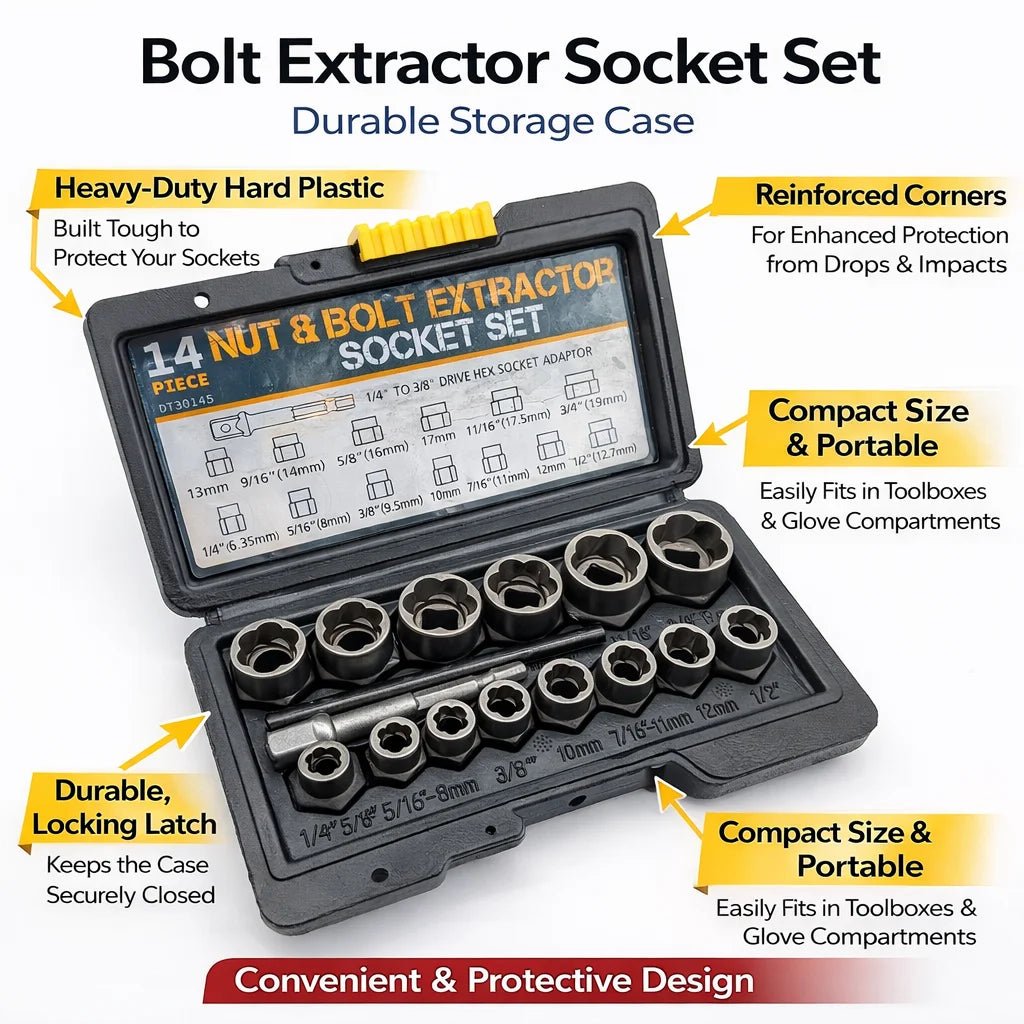 IRONVOLT extractor socket set graphic highlighting the open storage case, reinforced corners and yellow latch.