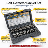 IRONVOLT extractor socket set graphic highlighting the open storage case, reinforced corners and yellow latch.