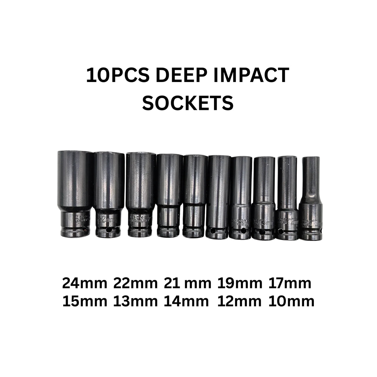 Ten IRONVOLT deep impact sockets with sizes labelled: 10, 12, 13, 14, 15, 17, 19, 21, 22 and 24 mm.