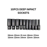 Ten IRONVOLT deep impact sockets with sizes labelled: 10, 12, 13, 14, 15, 17, 19, 21, 22 and 24 mm.