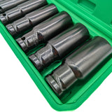 Close-up of black deep impact sockets secured in the IRONVOLT green carry case.