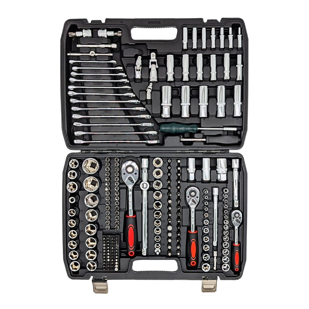 IRONVOLT 172-piece socket and ratchet set in an open black case with three red-and-black handled ratchets.