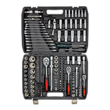 IRONVOLT 172-piece socket and ratchet set in an open black case with three red-and-black handled ratchets.
