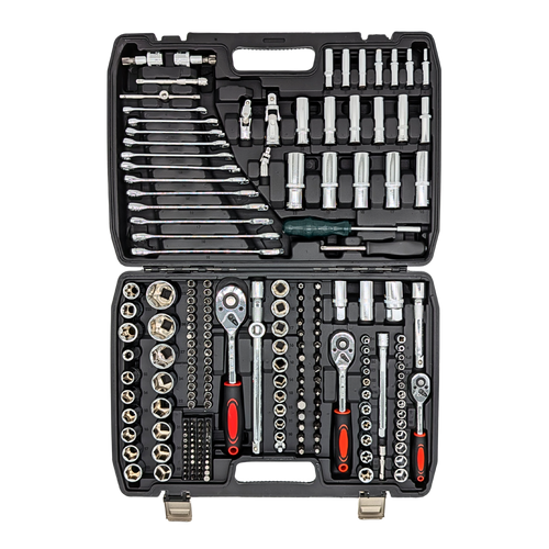 IRONVOLT 172-piece socket and ratchet set in an open black case with three red-and-black handled ratchets.