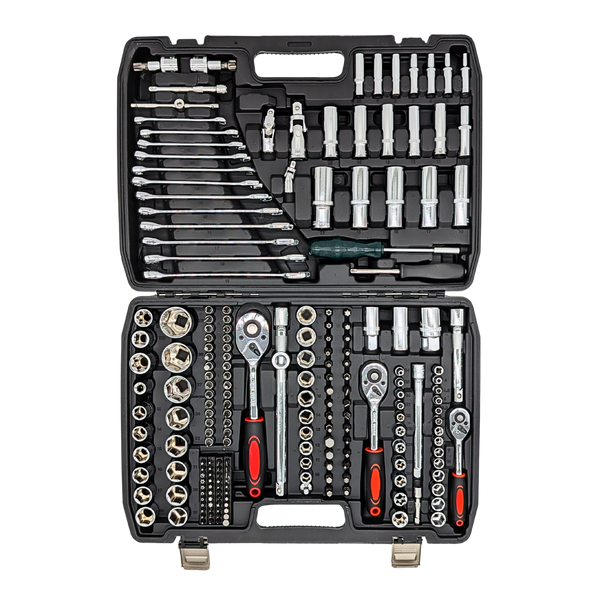 IRONVOLT 172-piece socket and ratchet set in an open black case with three red-and-black handled ratchets.
