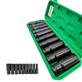 Angled view of the open green IRONVOLT deep impact socket case with all ten sockets also shown in a row.