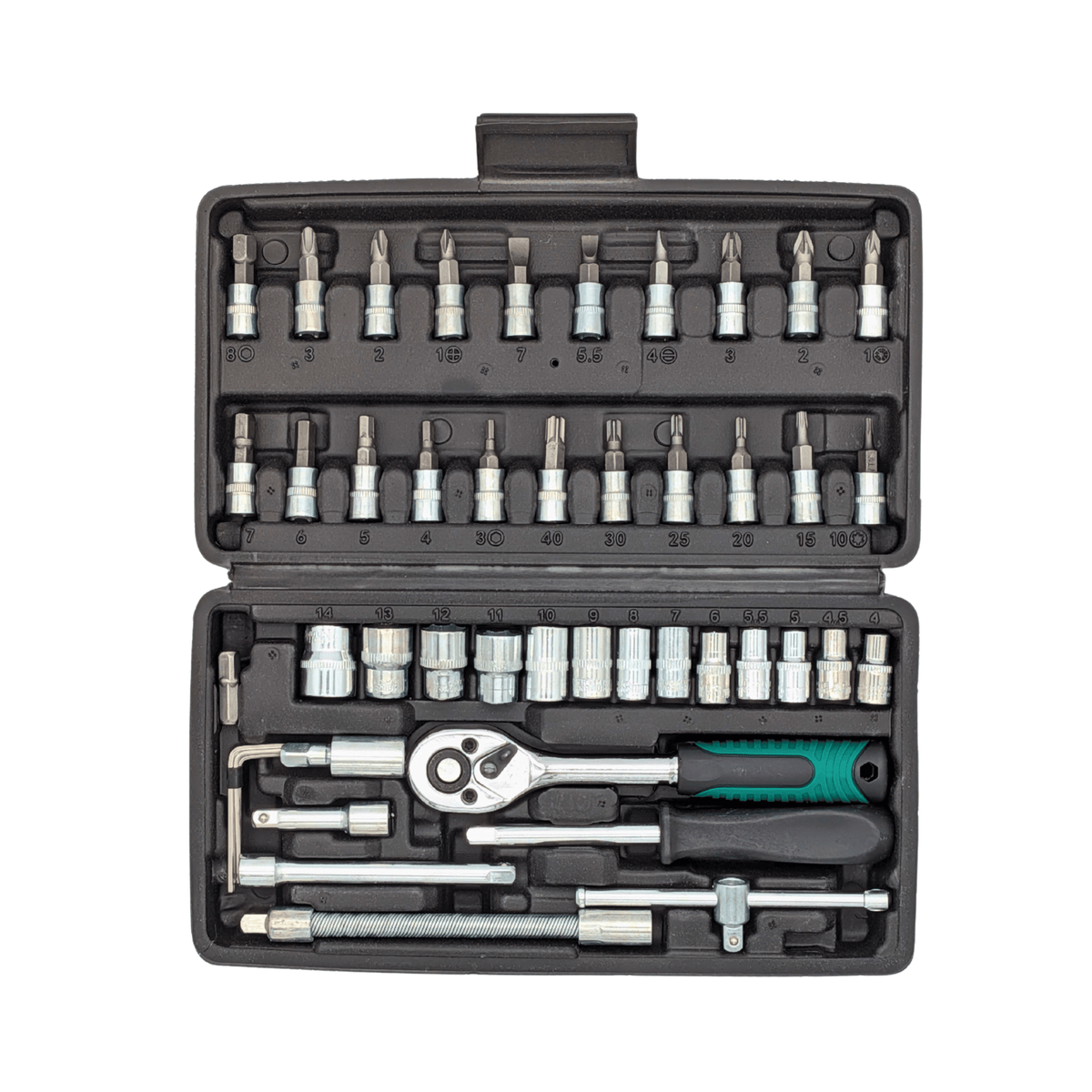Overhead view of the IRONVOLT 46-piece socket set with bit sockets, extensions, ratchet and spinner handle.