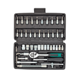 Overhead view of the IRONVOLT 46-piece socket set with bit sockets, extensions, ratchet and spinner handle.
