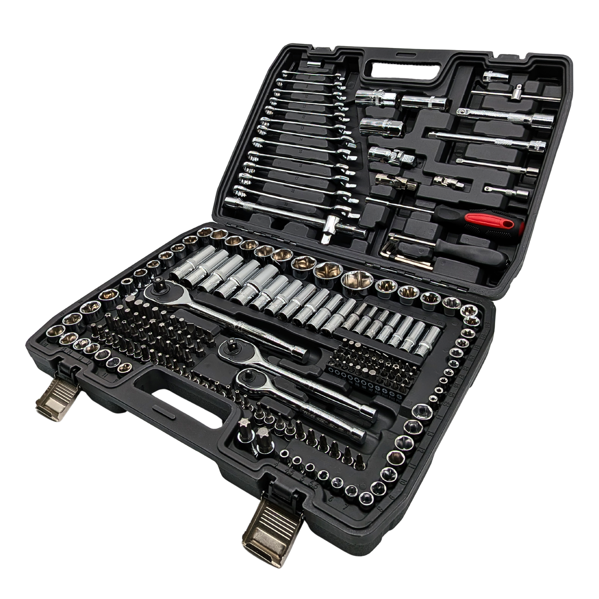 Angled view of the IRONVOLT 218-piece socket and spanner set in its open storage case.