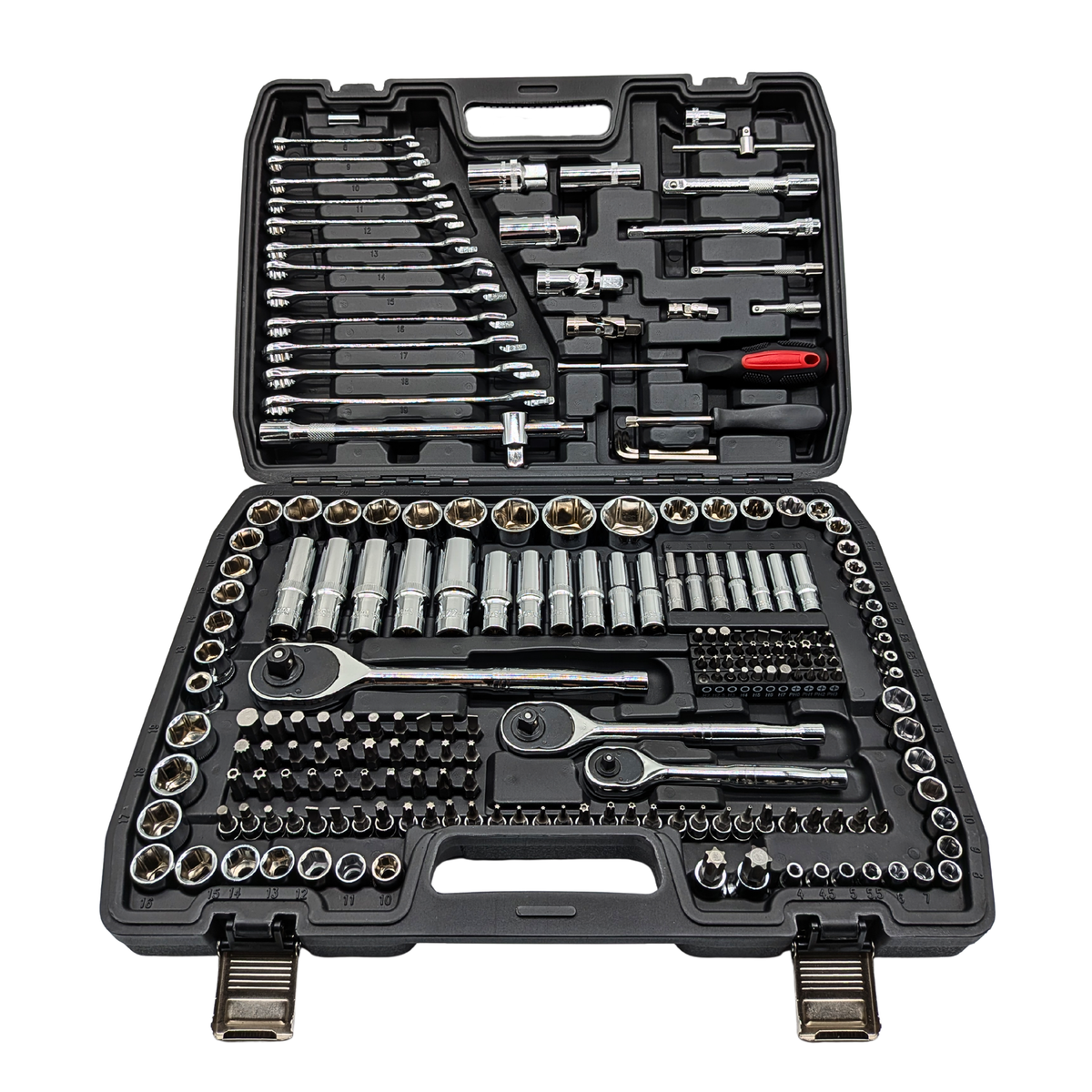 Front view of the open IRONVOLT 218-piece tool case with organised spanners, sockets, ratchets and bits.