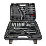 Front view of the open IRONVOLT 218-piece tool case with organised spanners, sockets, ratchets and bits.