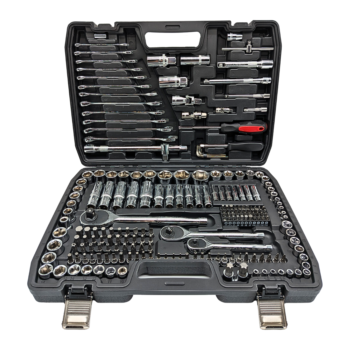 IRONVOLT 218-piece mechanics tool set showing both fitted trays and metal case latches.