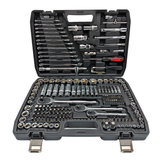 IRONVOLT 218-piece mechanics tool set showing both fitted trays and metal case latches.