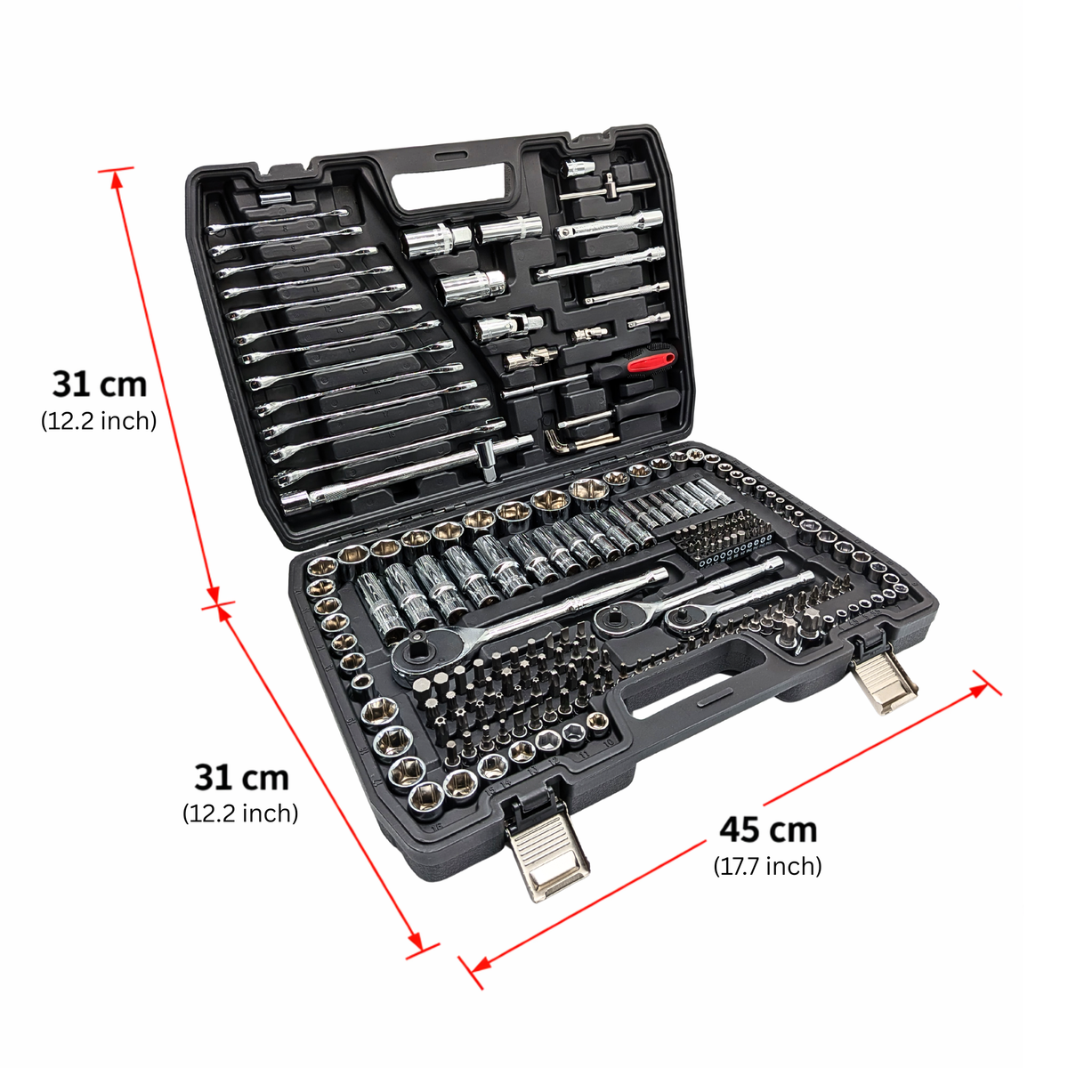 IRONVOLT 218-piece tool case dimension diagram showing 45 cm width and two 31 cm case halves.