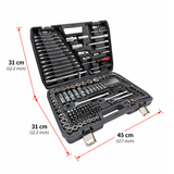 IRONVOLT 218-piece tool case dimension diagram showing 45 cm width and two 31 cm case halves.