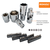 IRONVOLT chrome sockets, universal joints and screwdriver bits with a chrome vanadium steel feature graphic.