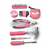 Contents of the IRONVOLT pink household tool kit laid out, including hammer, pliers, tape measure and screwdriver bits.