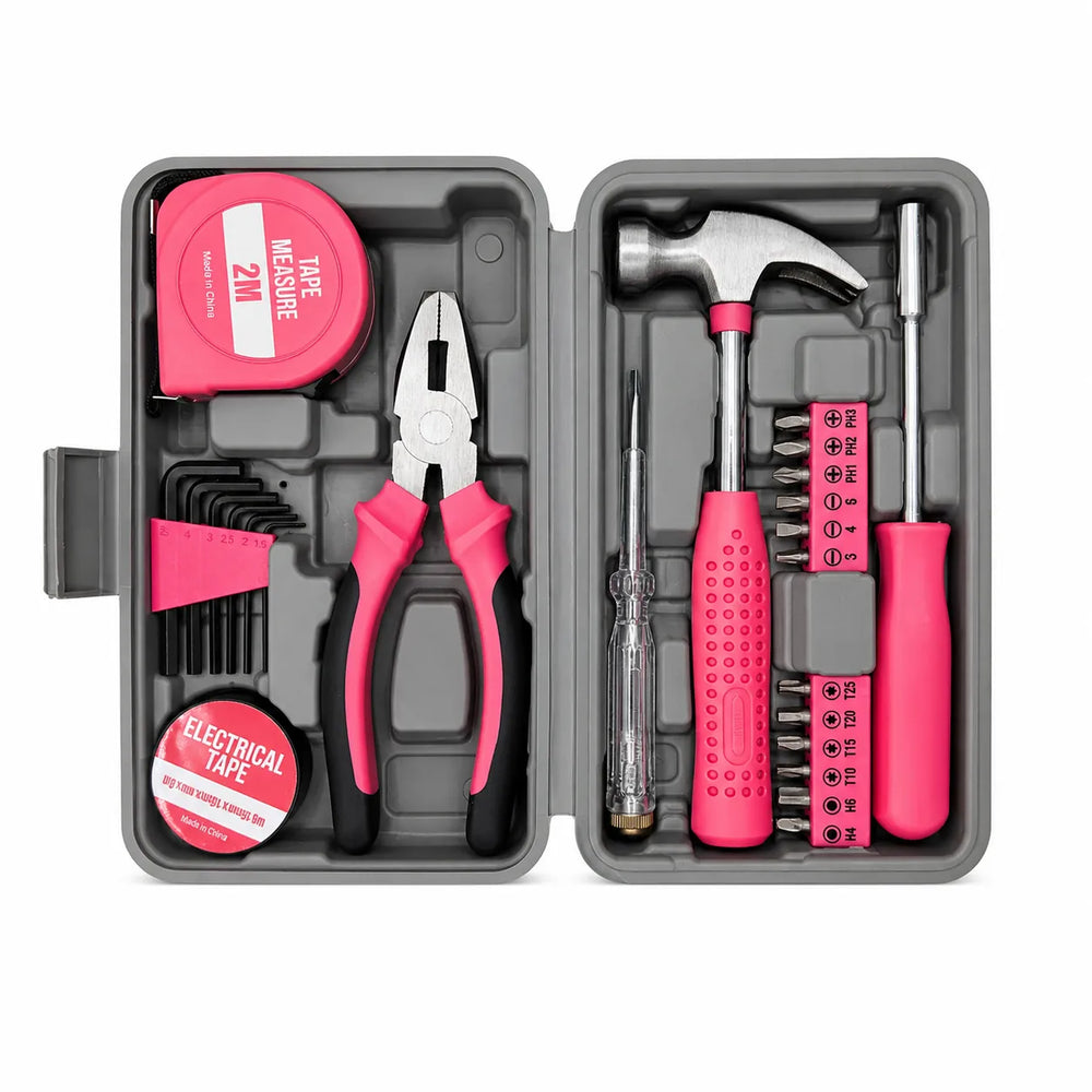 Pink IRONVOLT 24-piece small girls' tool kit with various tools and accessories for young DIY enthusiasts.