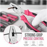 Close-up of pink-and-black handled combination pliers gripping wire, with detail of the serrated jaws.