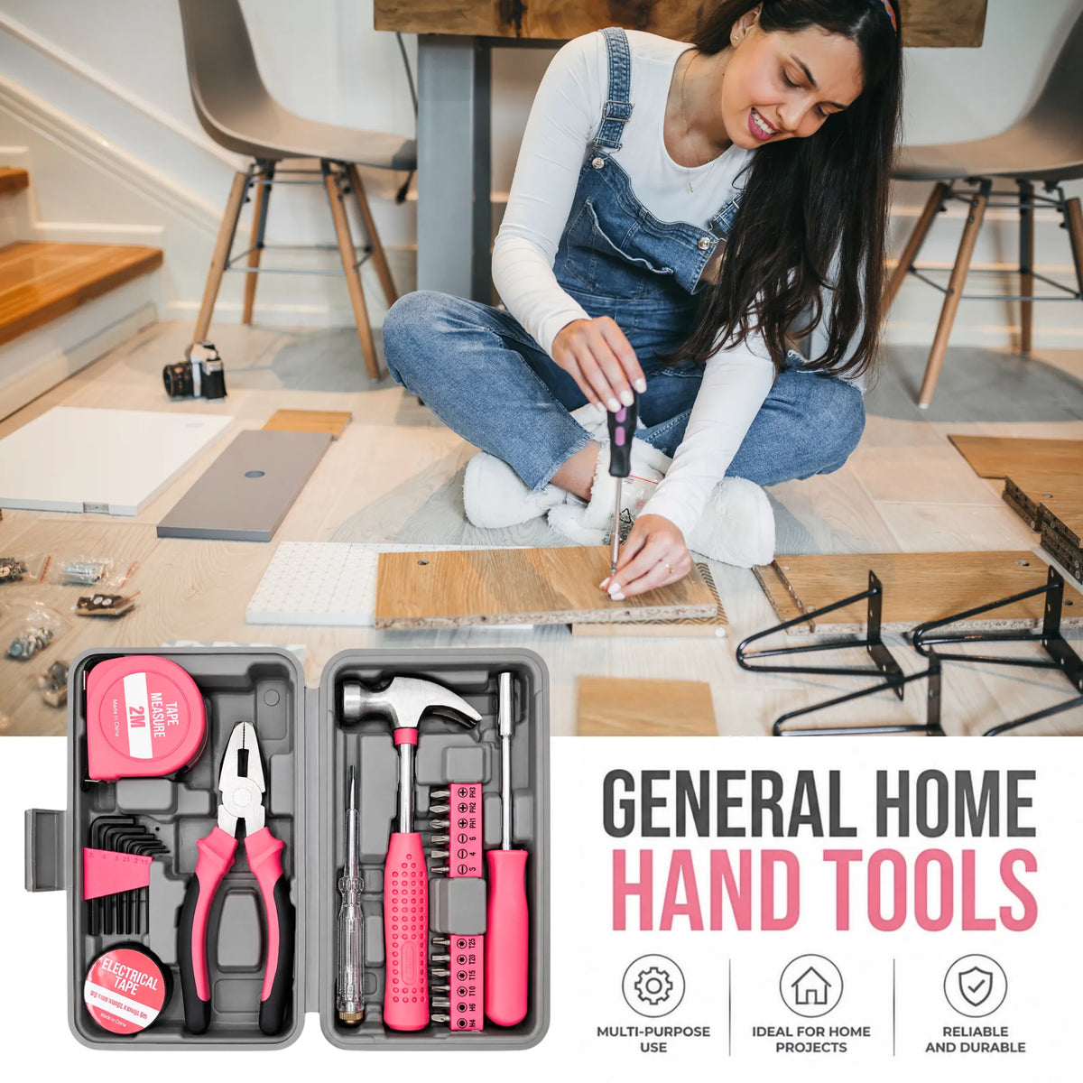 Home furniture assembly scene beside the open IRONVOLT pink household tool kit.