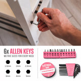 Hex key used on a furniture fitting, with six metric hex keys, screwdriver bits and electrical tape pictured.