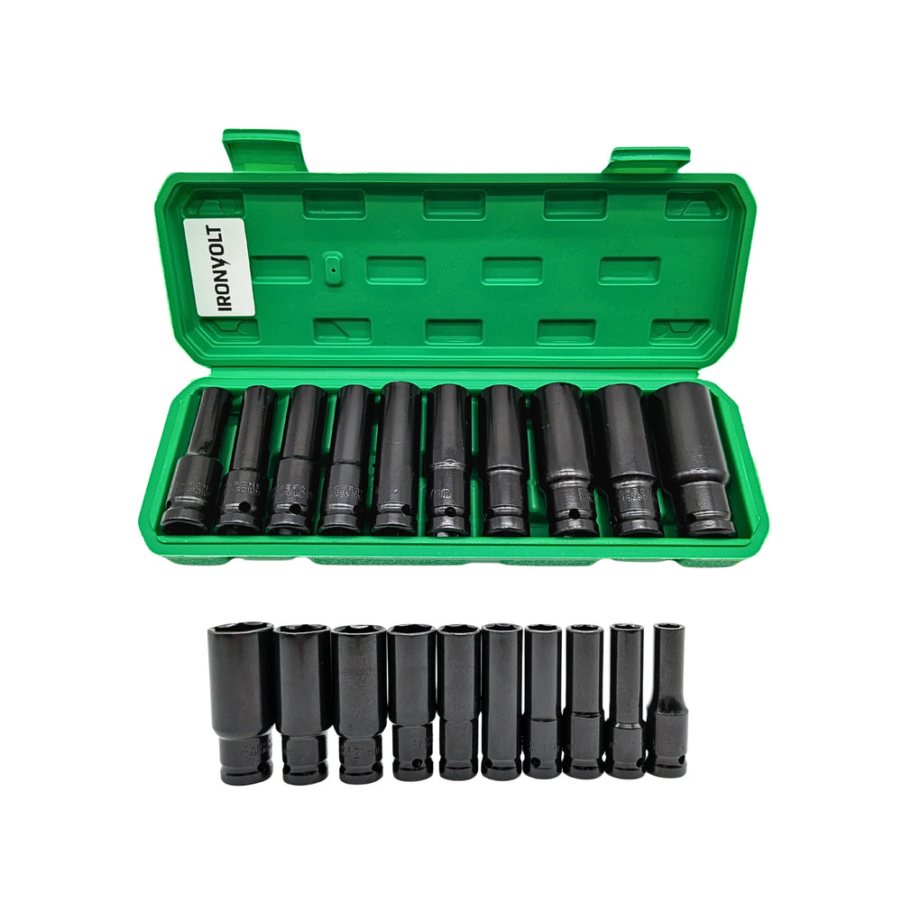 IRONVOLT 10-piece ½-inch drive deep impact socket set in a green case, with sockets also lined up below.