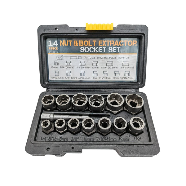 IRONVOLT 14-piece lug nut remover set with spiral extractor sockets in an open black case with yellow latch.