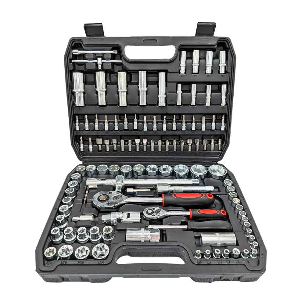 IRONVOLT 108-piece socket and ratchet set with two red-and-black handled ratchets in an open case.