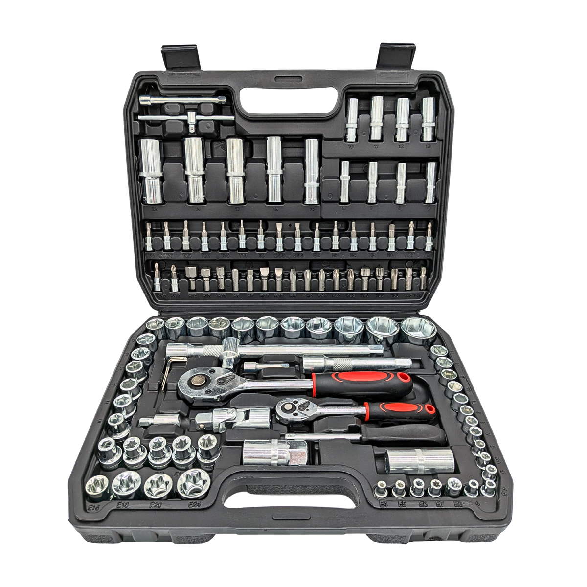 IRONVOLT 108-piece socket and ratchet set with two red-and-black handled ratchets in an open case.