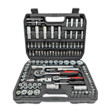 IRONVOLT 108-piece socket and ratchet set with two red-and-black handled ratchets in an open case.