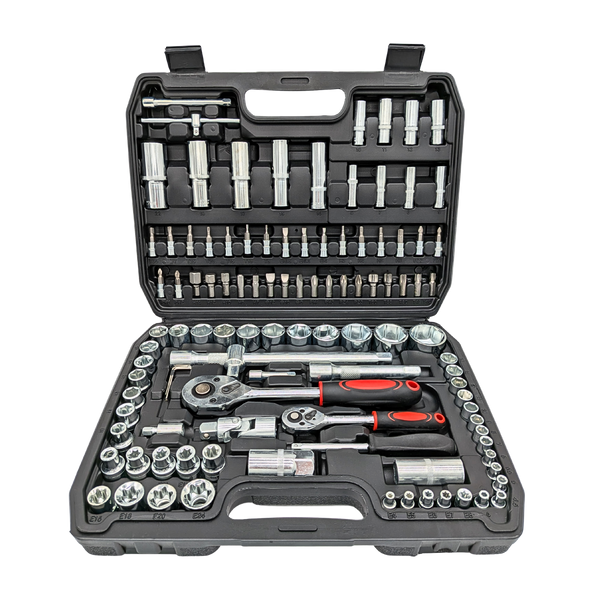 IRONVOLT 108-piece socket and ratchet set with two red-and-black handled ratchets in an open case.