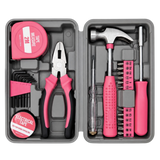 IRONVOLT 24-piece pink household tool kit with hammer, pliers, tape measure, bits and hex keys in an open case.