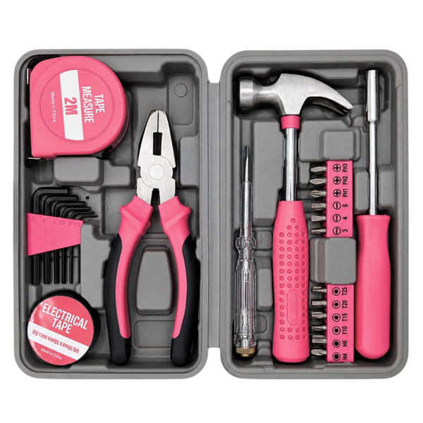 IRONVOLT 24-piece pink household tool kit with hammer, pliers, tape measure, bits and hex keys in an open case.