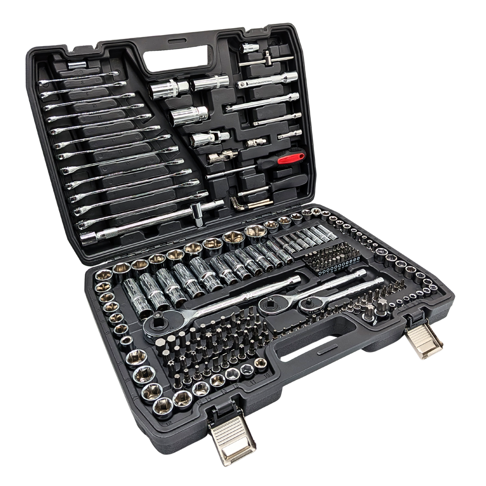 IRONVOLT 218-piece mechanics tool set with sockets, three ratchets, spanners and bits in an open black carry case.