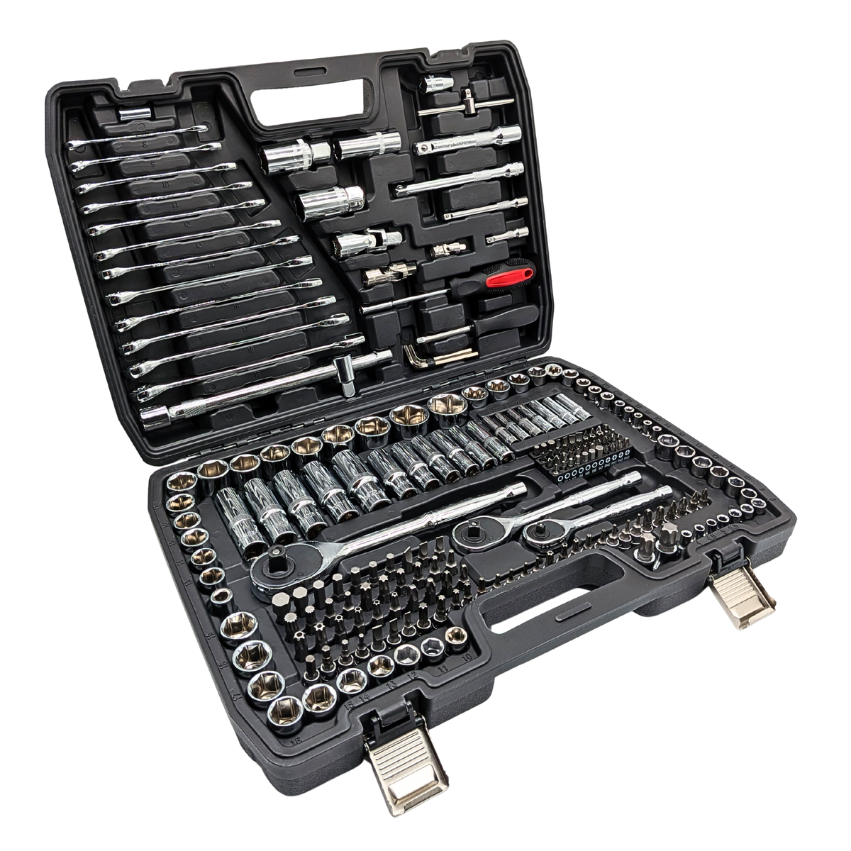 IRONVOLT 218-piece mechanics tool set with sockets, three ratchets, spanners and bits in an open black carry case.