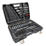 IRONVOLT 218-piece mechanics tool set with sockets, three ratchets, spanners and bits in an open black carry case.