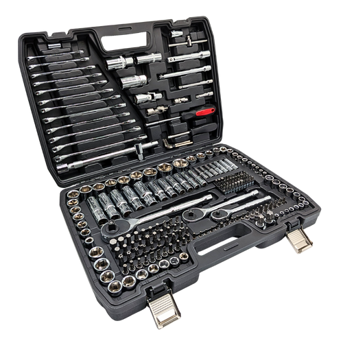 IRONVOLT 218-piece mechanics tool set with sockets, three ratchets, spanners and bits in an open black carry case.