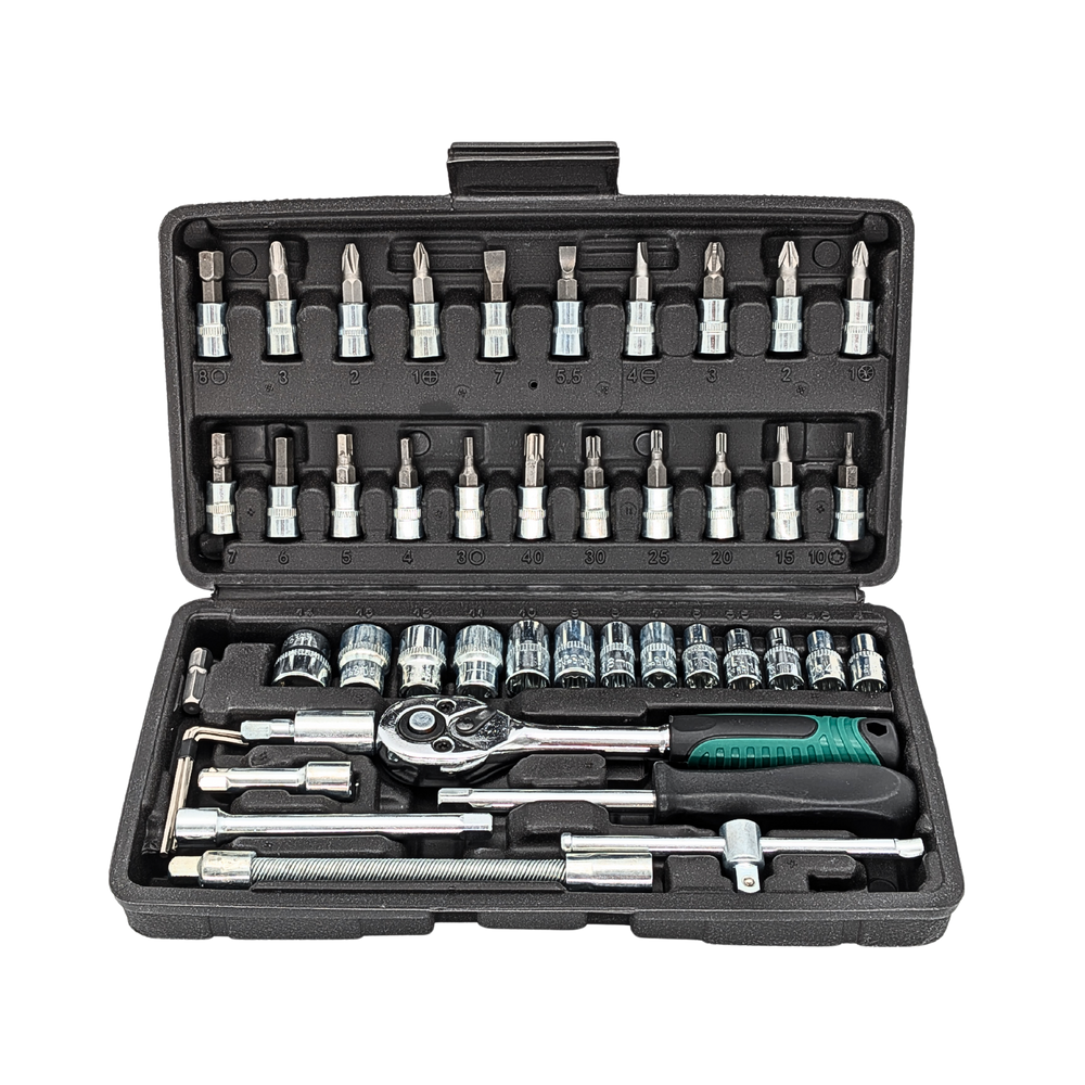 IRONVOLT 46-piece compact socket and bit set with green-handled ratchet in an open black case.