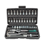 IRONVOLT 46-piece compact socket and bit set with green-handled ratchet in an open black case.