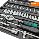Close-up of the green-handled ratchet, sockets and extensions in the IRONVOLT 46-piece case.