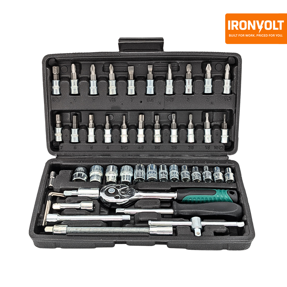 Open IRONVOLT 46-piece socket and bit set showing tools arranged in fitted storage slots.