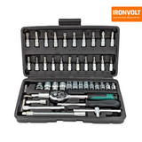 Open IRONVOLT 46-piece socket and bit set showing tools arranged in fitted storage slots.